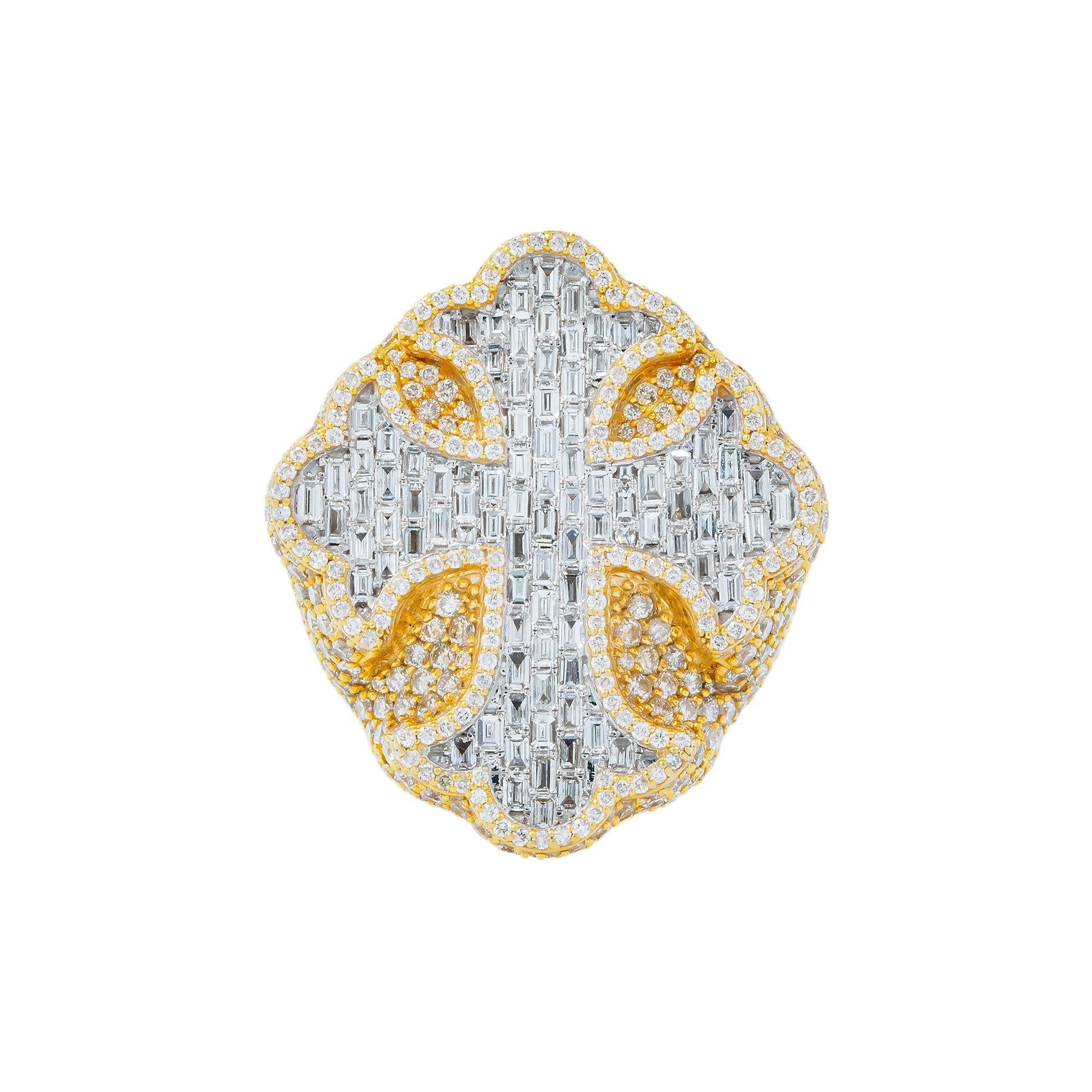 10K GOLD BAGUETTE AND ROUND DIAMOND CROSS STATEMENT RING 7.93 CT