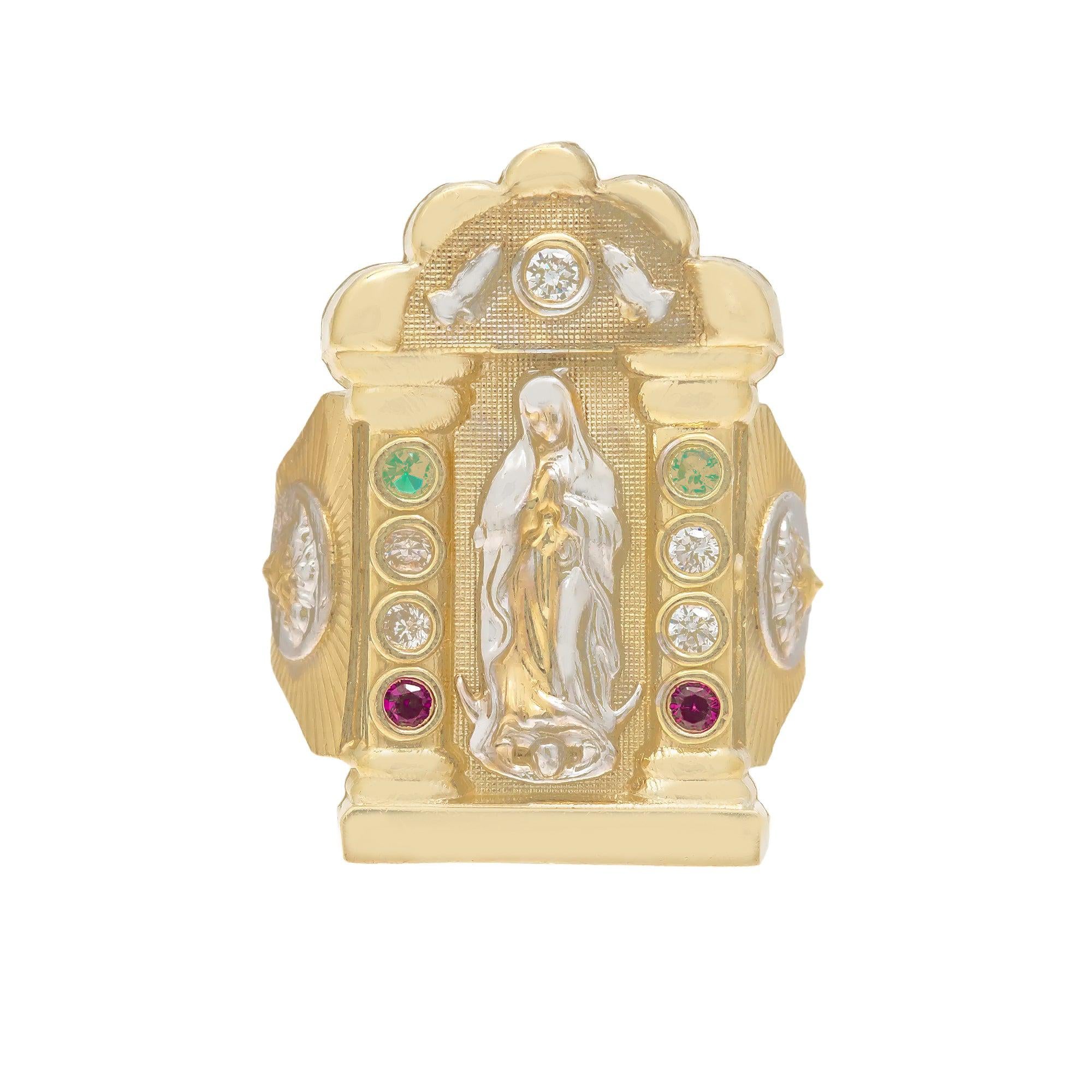 10K GOLD DIAMOND AND GEMSTONE LADY GUADALUPE VIRGIN MARY RING 7.6G