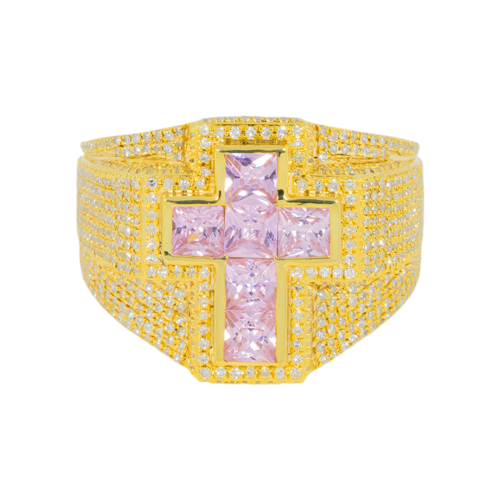 10K GOLD DIAMOND AND SQUARE PINK GEMSTONE CROSS RING 3.54 CTW