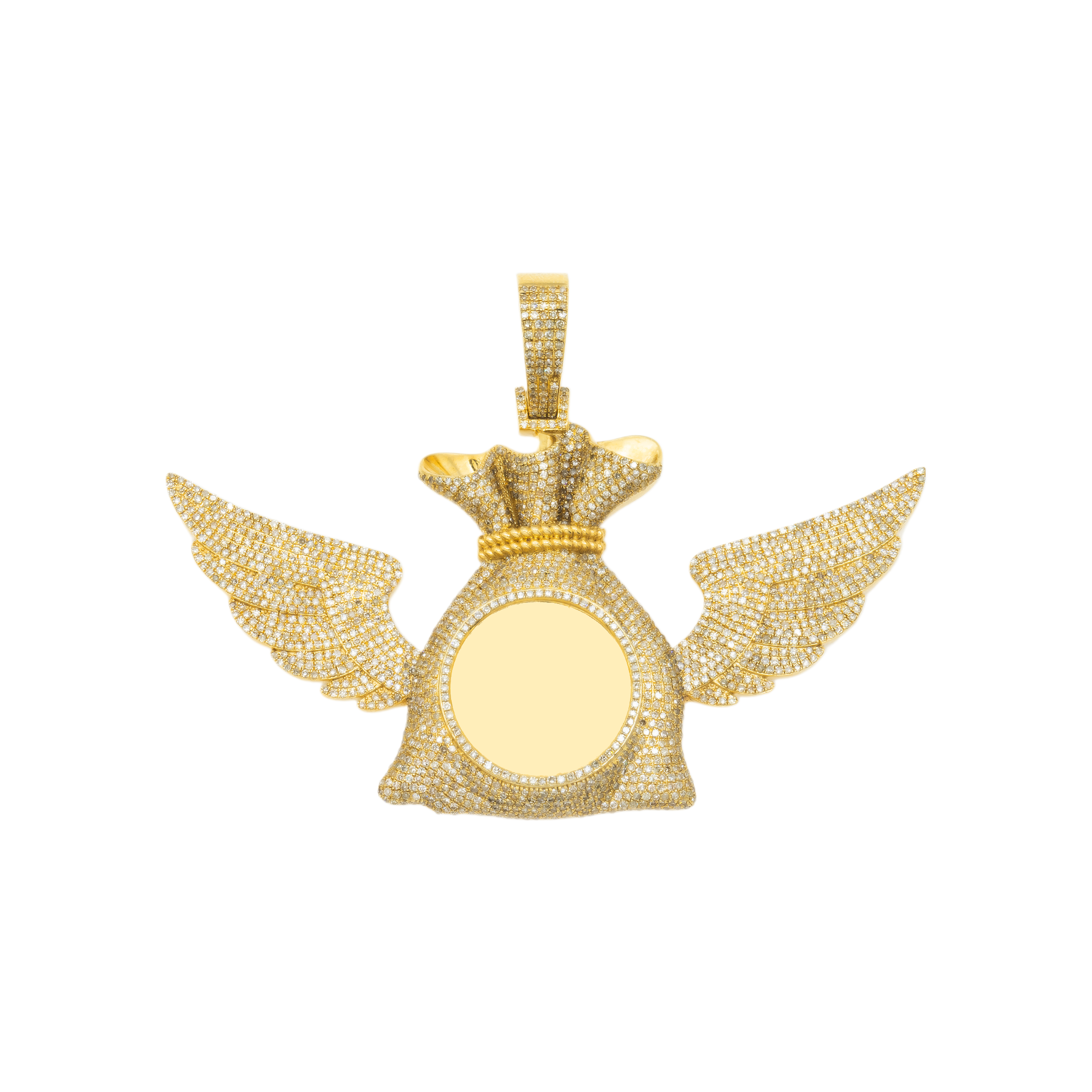 10K GOLD DIAMOND MONEYBAG WITH ANGEL WINGS CIRCLE PICTURE PENDANT 3.96 CT