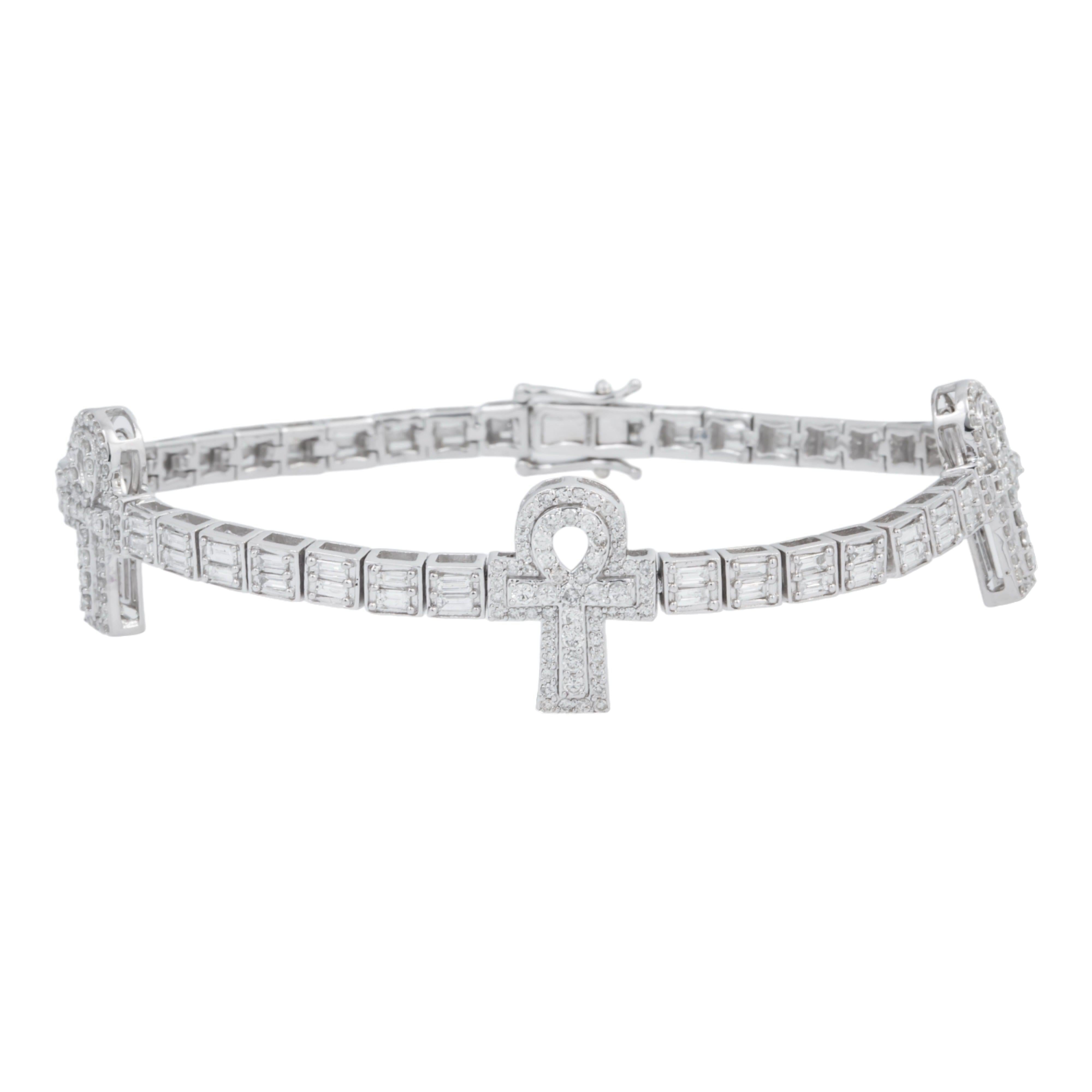 10K GOLD ROUND AND BAGUETTE DIAMOND ANKH BRACELET 4.00 CT