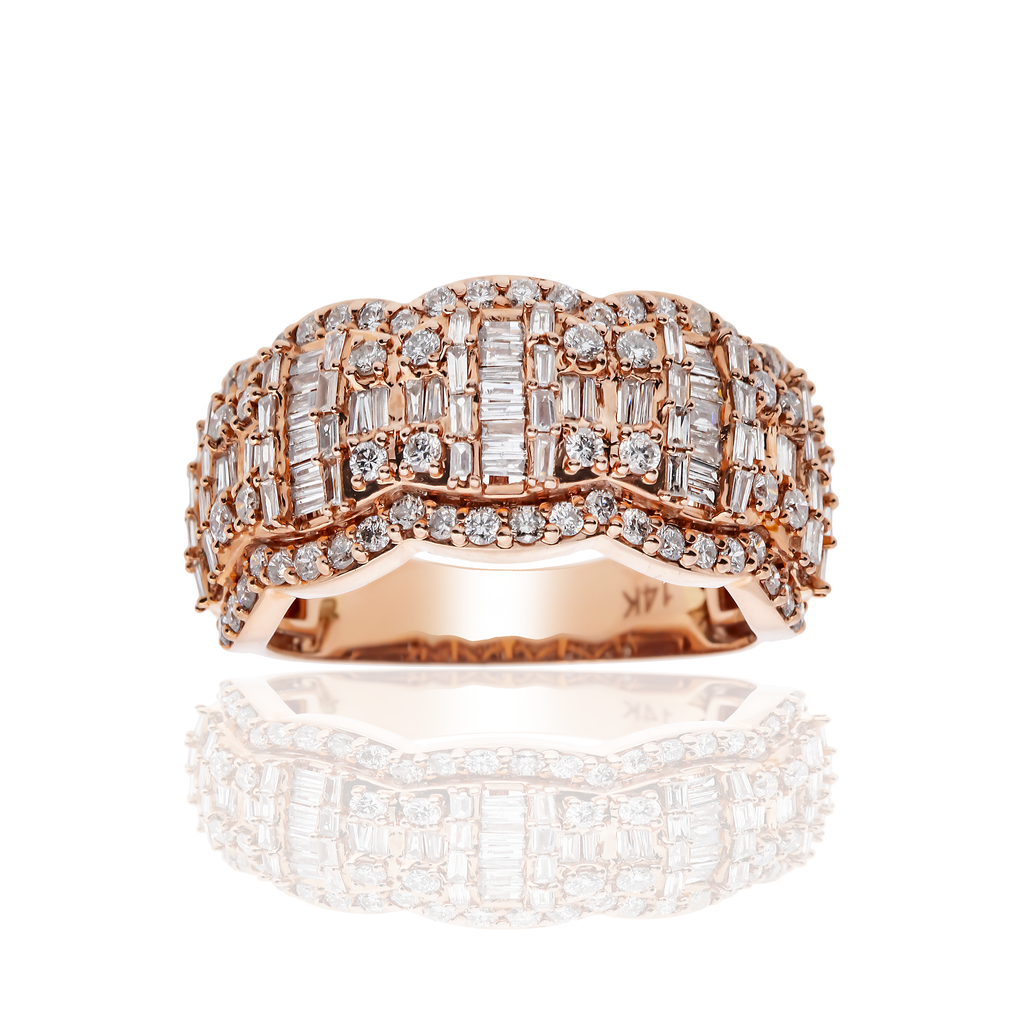 14K GOLD BAGUETTE AND ROUND DIAMOND CLUSTER MENS STATEMENT BAND RING 1.81 CT