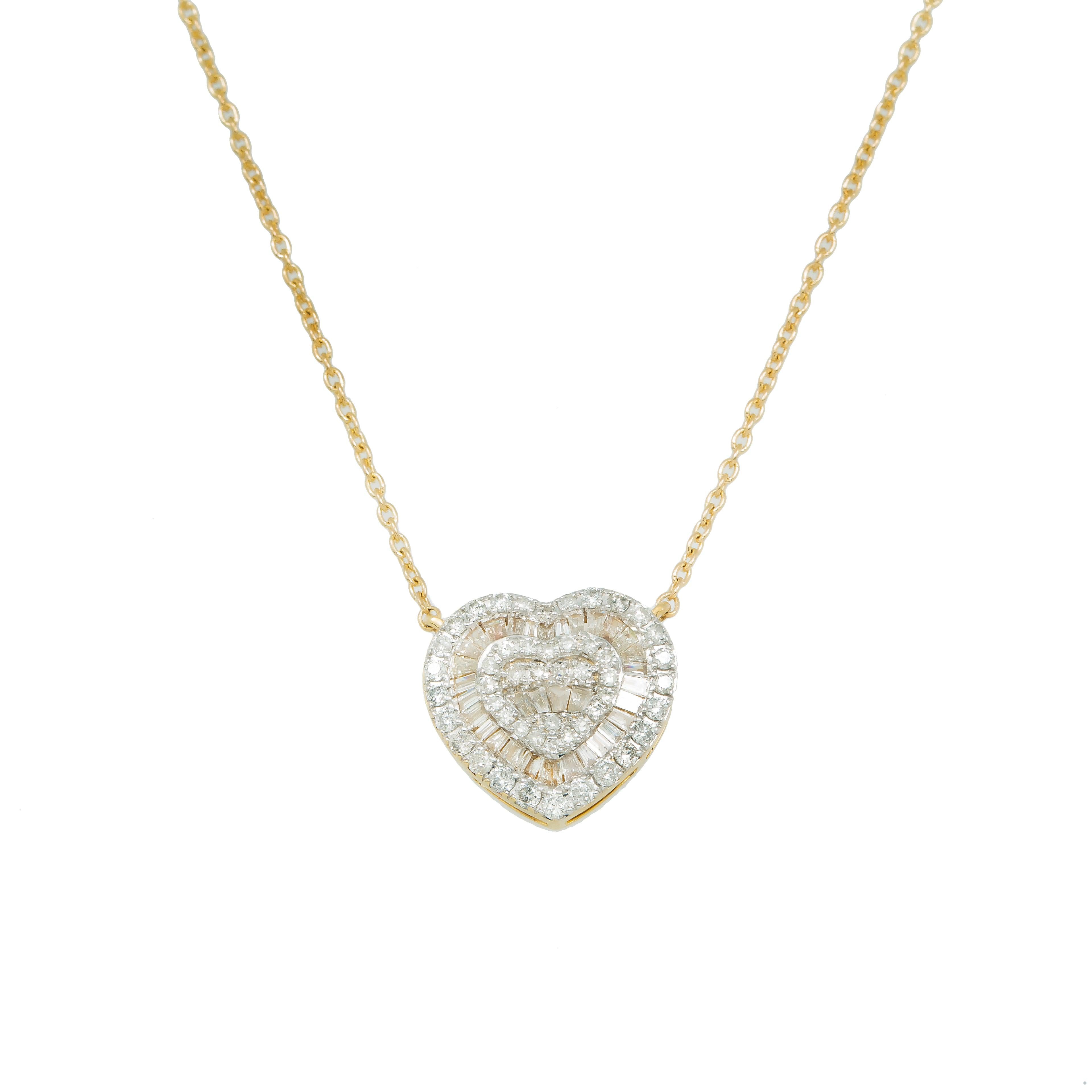 14K GOLD BAGUETTE AND ROUND DIAMOND HEART NECKLACE 0.63 CT