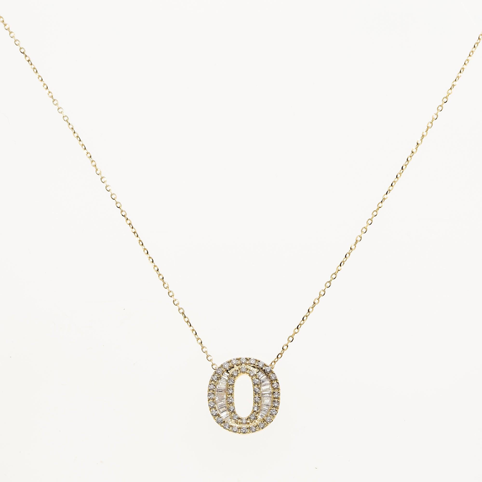 14K GOLD BAGUETTE DIAMOND INITIAL O NECKLACE 0.40 CT