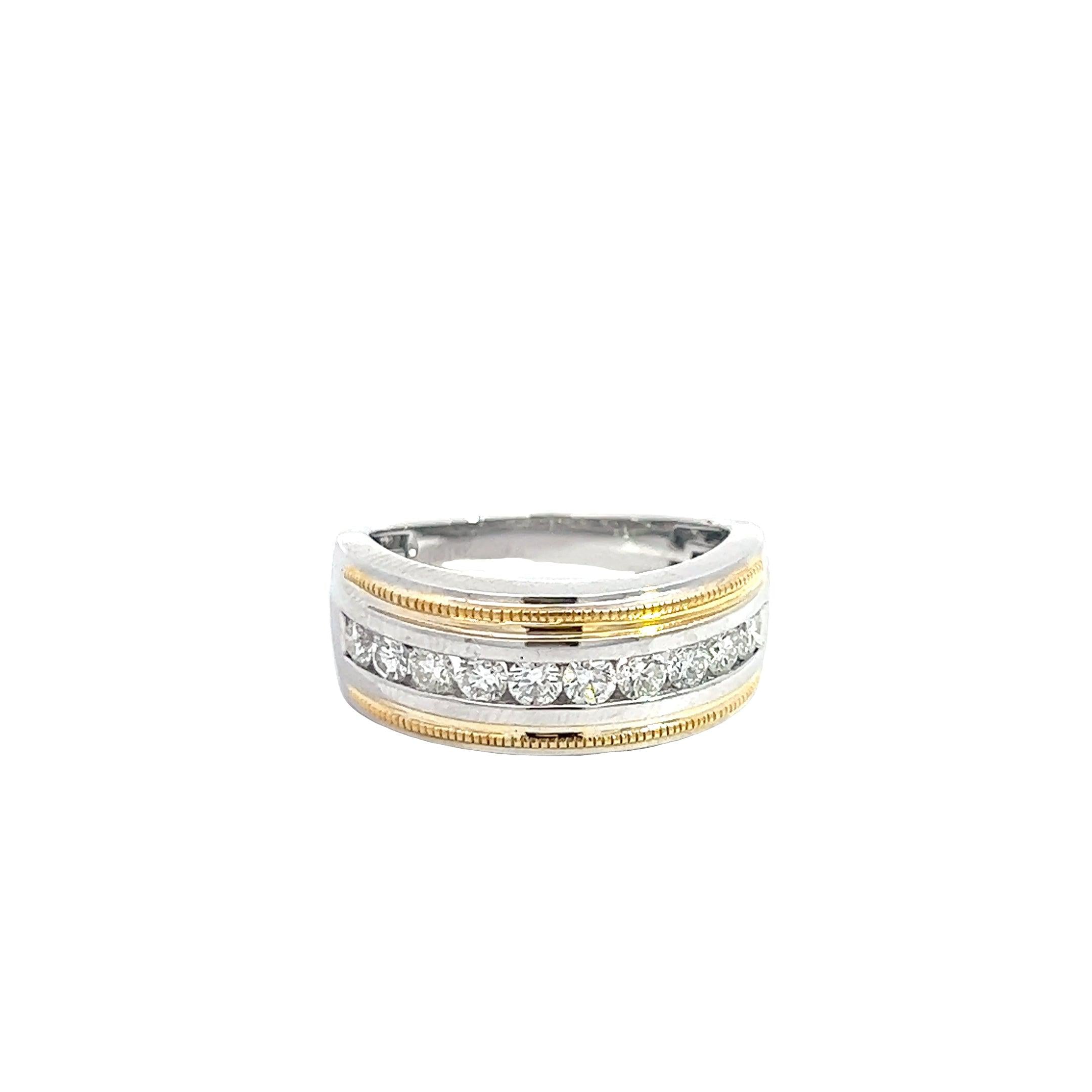 14K GOLD DIAMOND TWO-TONE CHANNEL SET DIAMOND BAND MILGRAIN TEXTURE 0.90CT