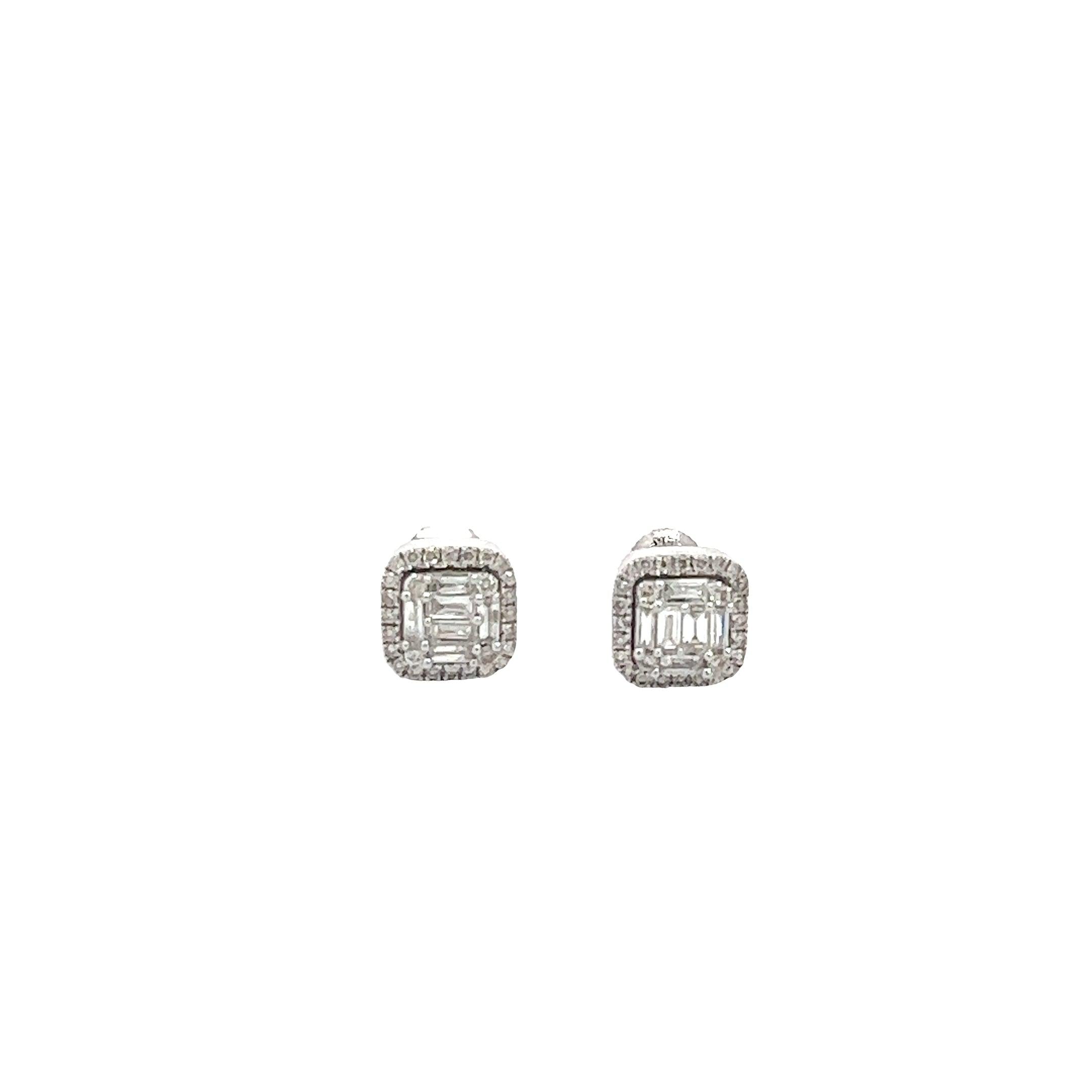14K GOLD ROUND AND BAGUETTE DIAMOND EARRINGS WITH HALO 0.50 CT