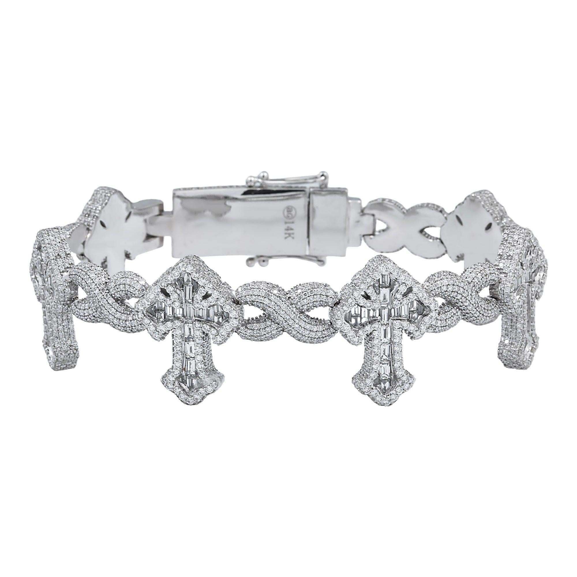 14K GOLD ROUND AND BAGUETTE DIAMONDS CROSS INFINITY CHAIN BRACELET 22.75 CT