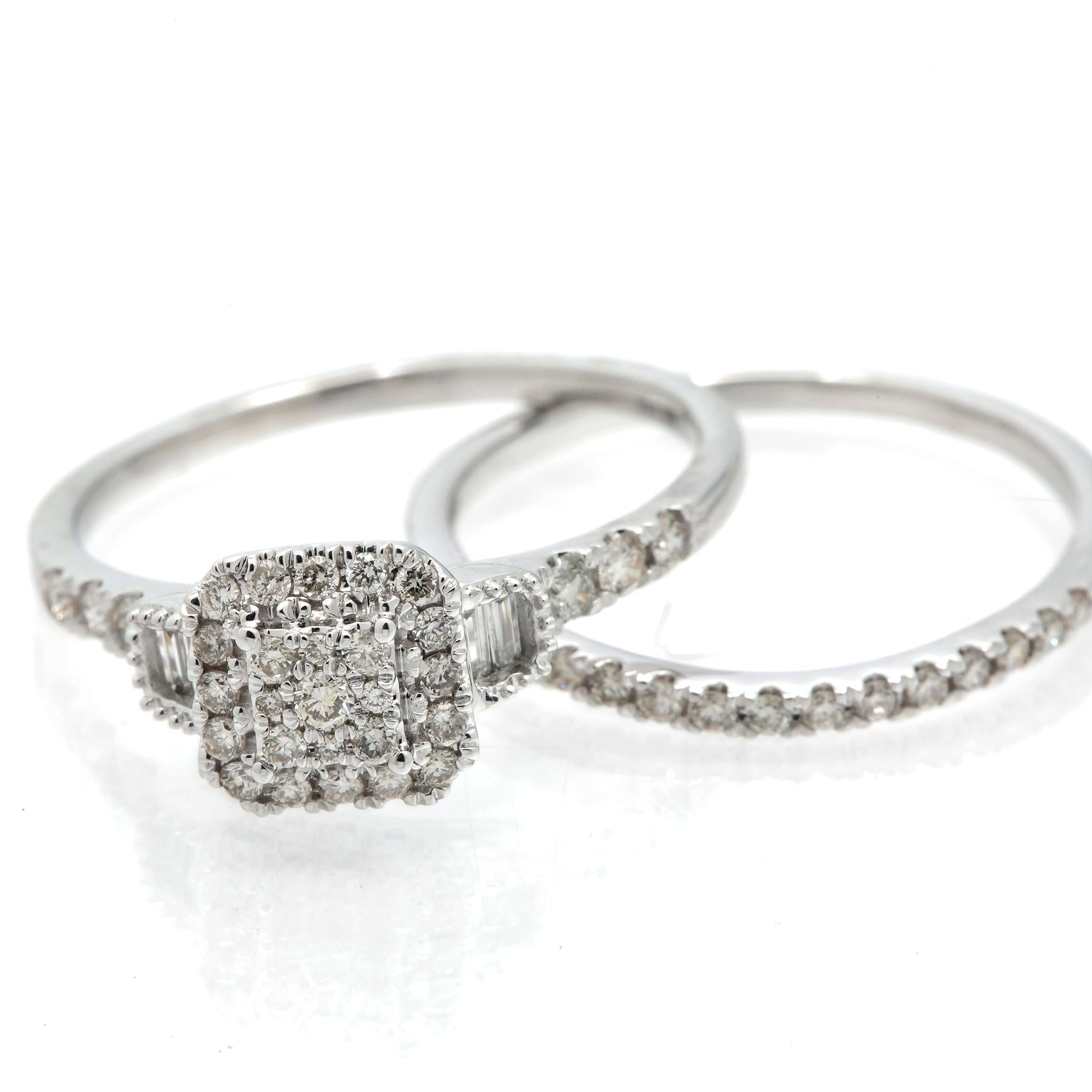 14K GOLD SQUARE CLUSTER BRIDAL SET 0.50 CT SQUARE HALO BAGUETTE SIDES