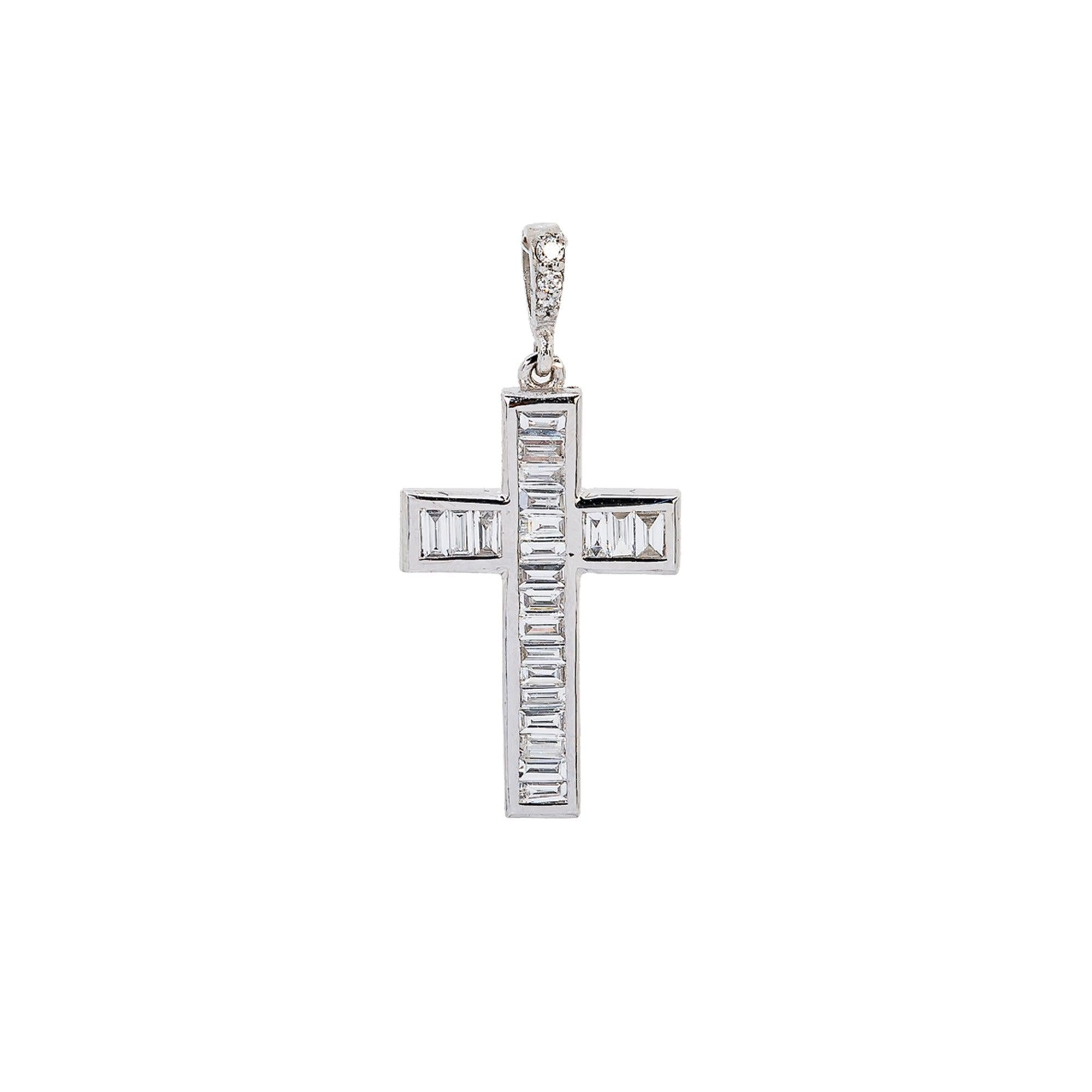 14K White Gold Cross Pendant with 0.35 CT Baguette Diamonds