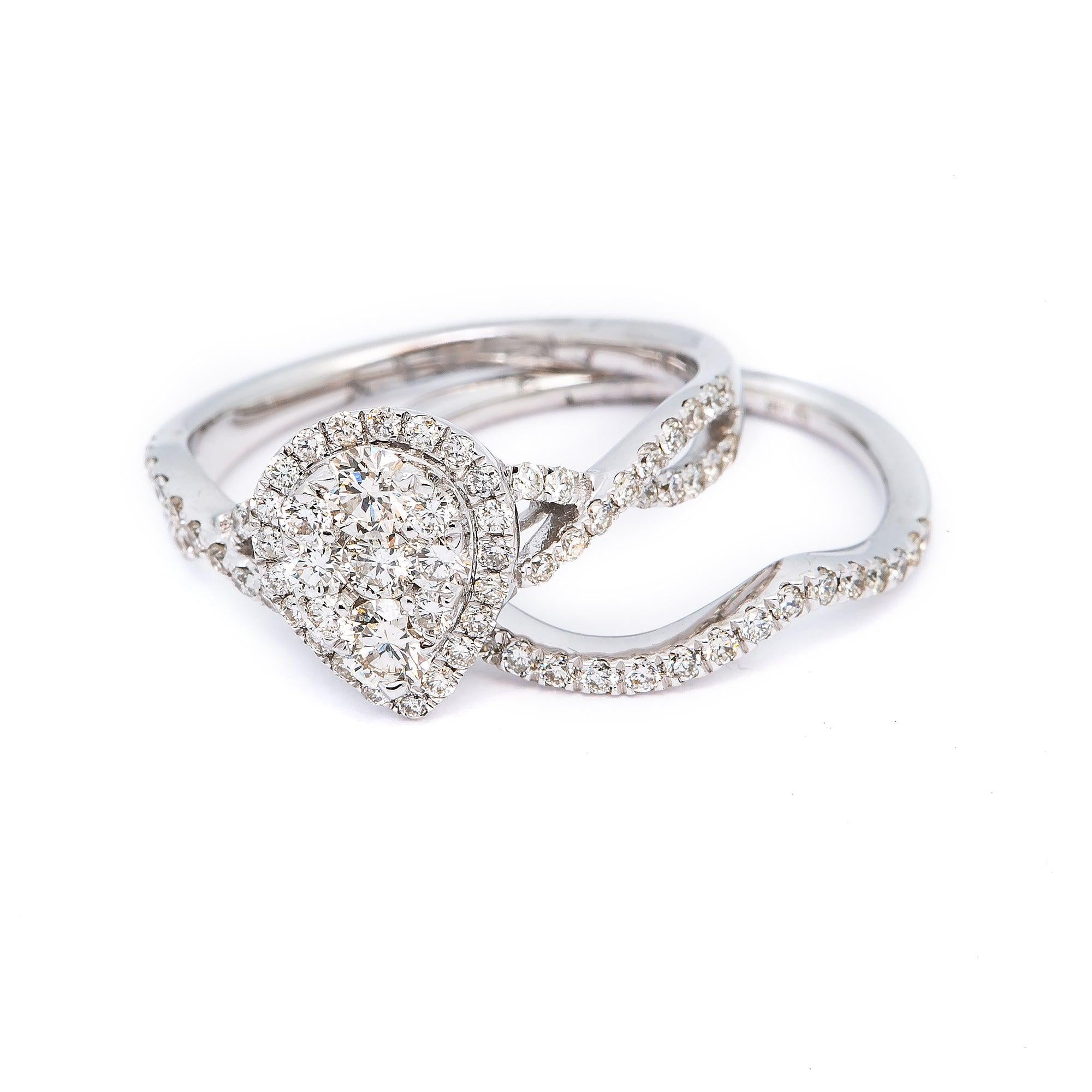 14K WHITE GOLD PEAR SHAPED CLUSTER ENGAGEMENT RING SET 1.55 CT