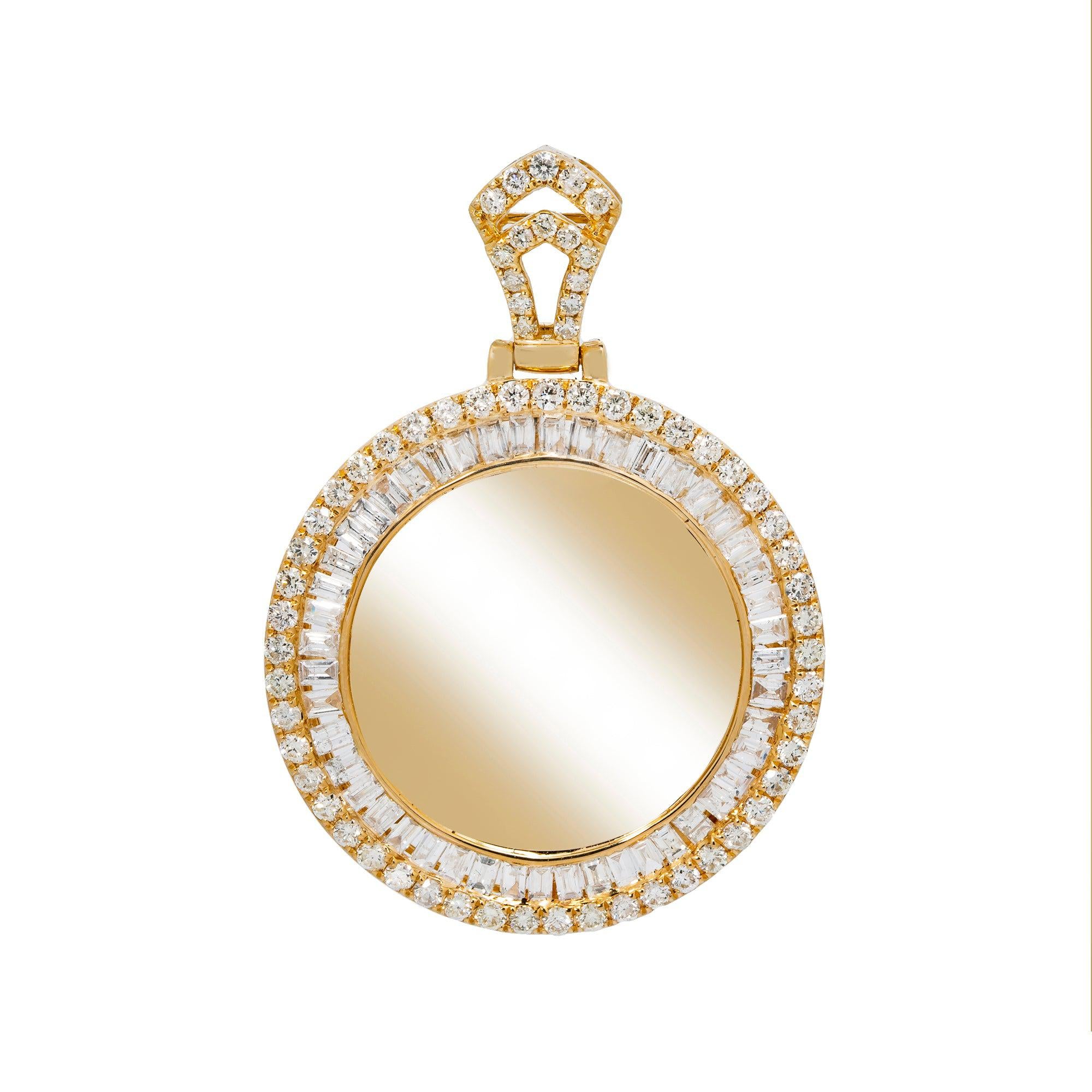 14K YELLOW GOLD BAGUETTE AND ROUND DIAMOND CIRCLE PICTURE PENDANT 4.01 CT