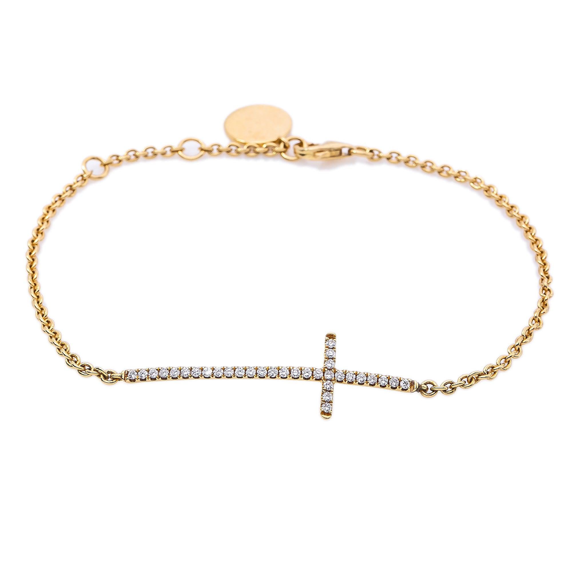 18K Yellow Gold Small Cross Bracelet With Diamonds