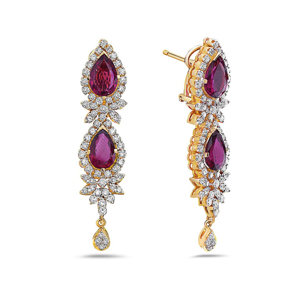 18K Yellow Gold  Tears Shaped Ladies Earrings With White Diamonds and Red Stone