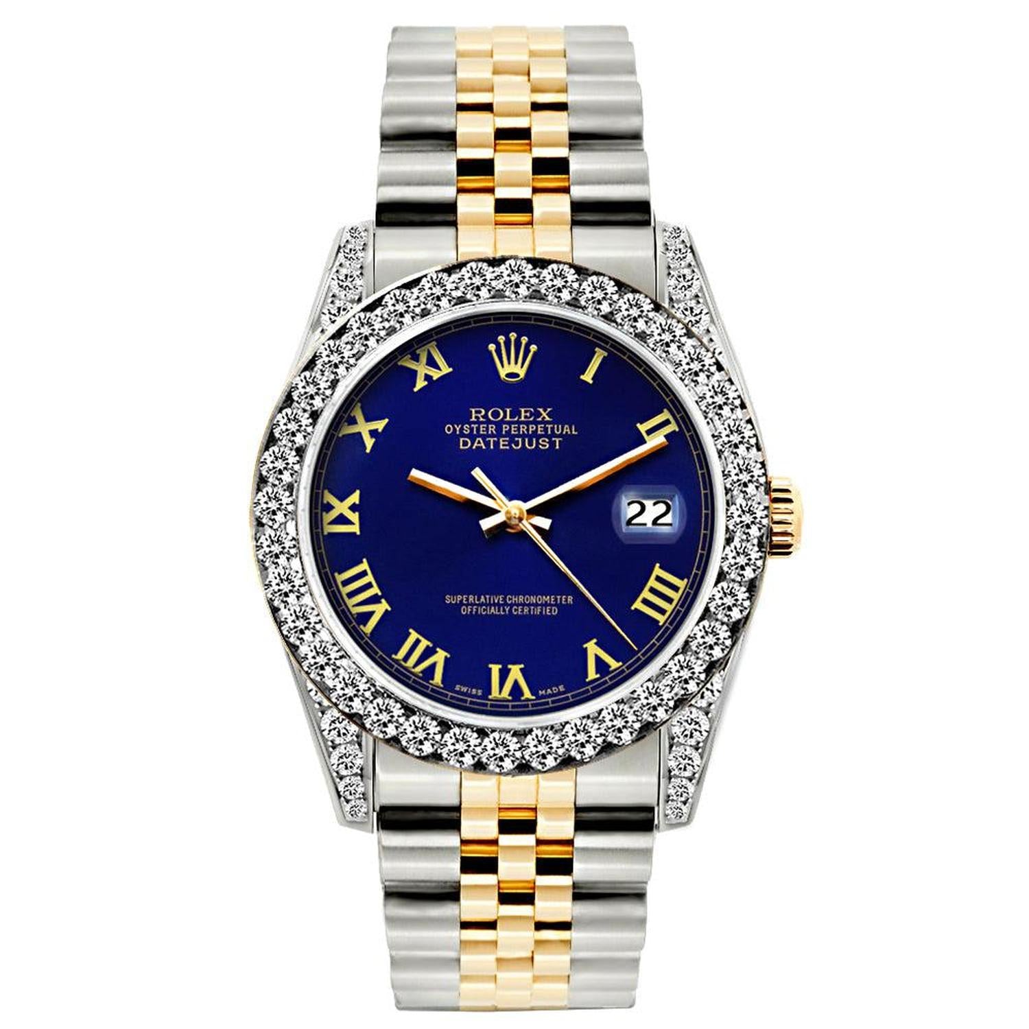 Rolex Datejust 26MM 69173 Blue Roman Dial Diamond Bezel Two Tone Yellow Gold Jubilee Bracelet 1.2ct