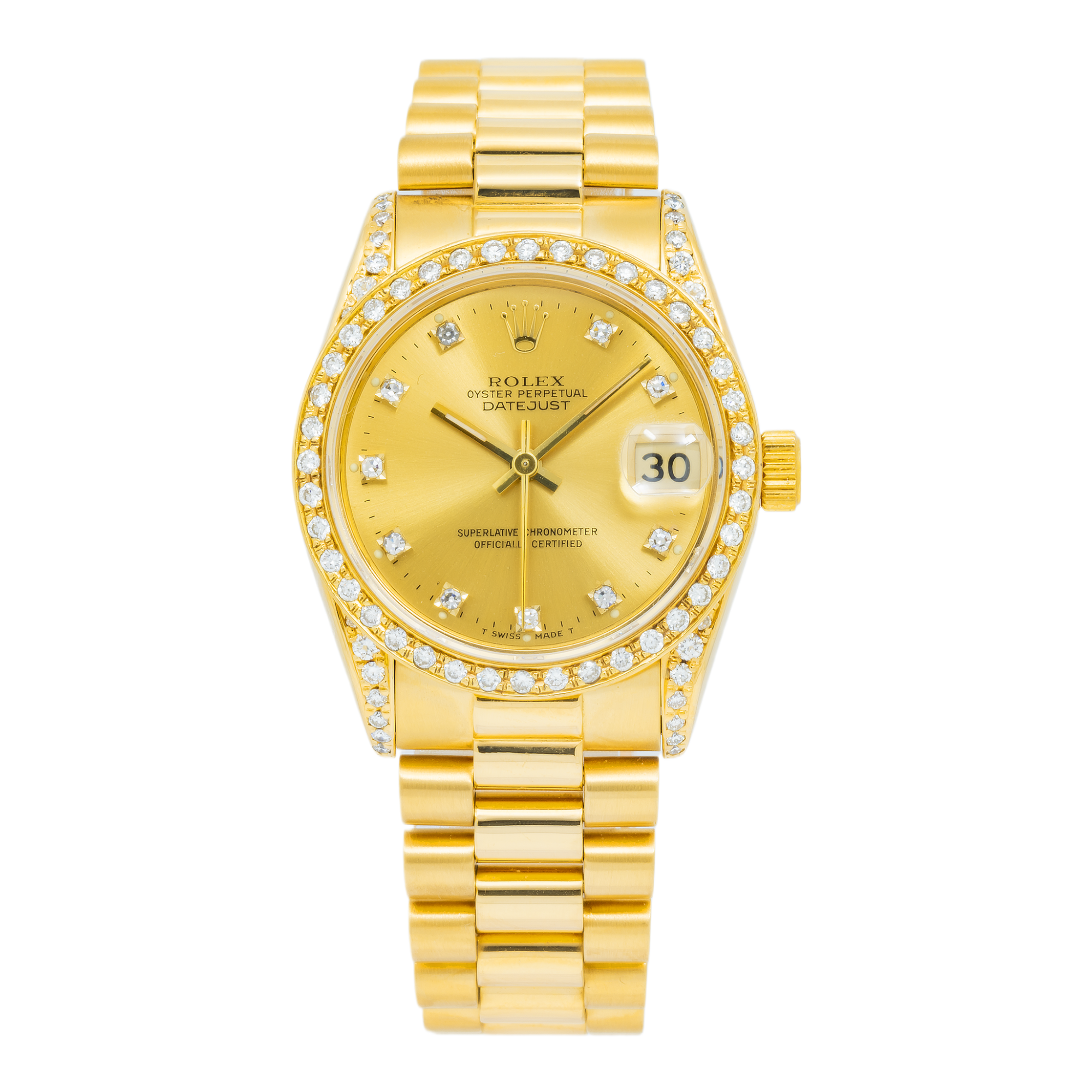 Rolex Datejust 31MM 68278 Champagne Diamond Dial Diamond Bezel 18K Yellow Gold President Bracelet