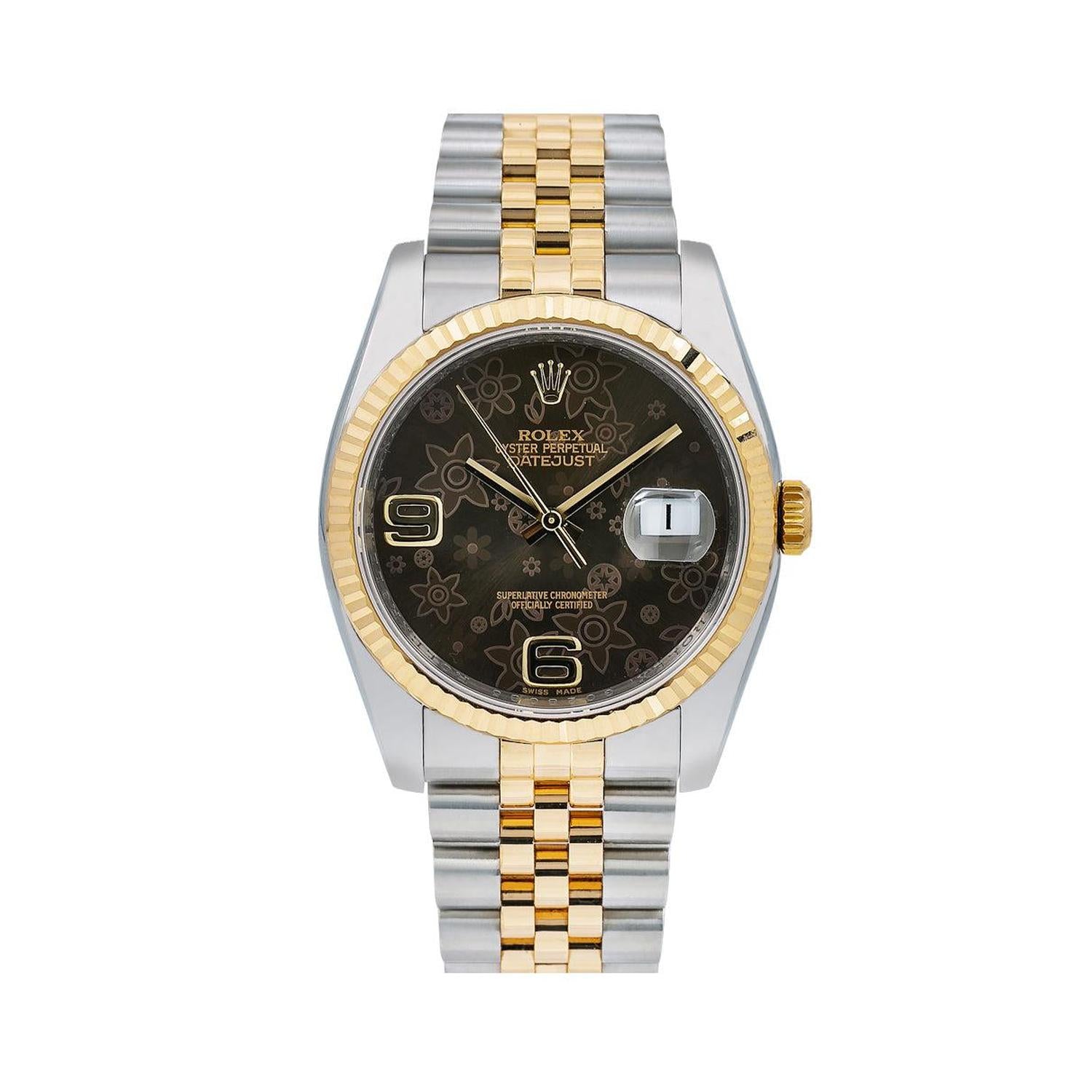 Rolex Datejust 36MM 116233 Brown Floral Arabic Dial Fluted Bezel Two Tone Yellow Gold Jubilee Bracelet