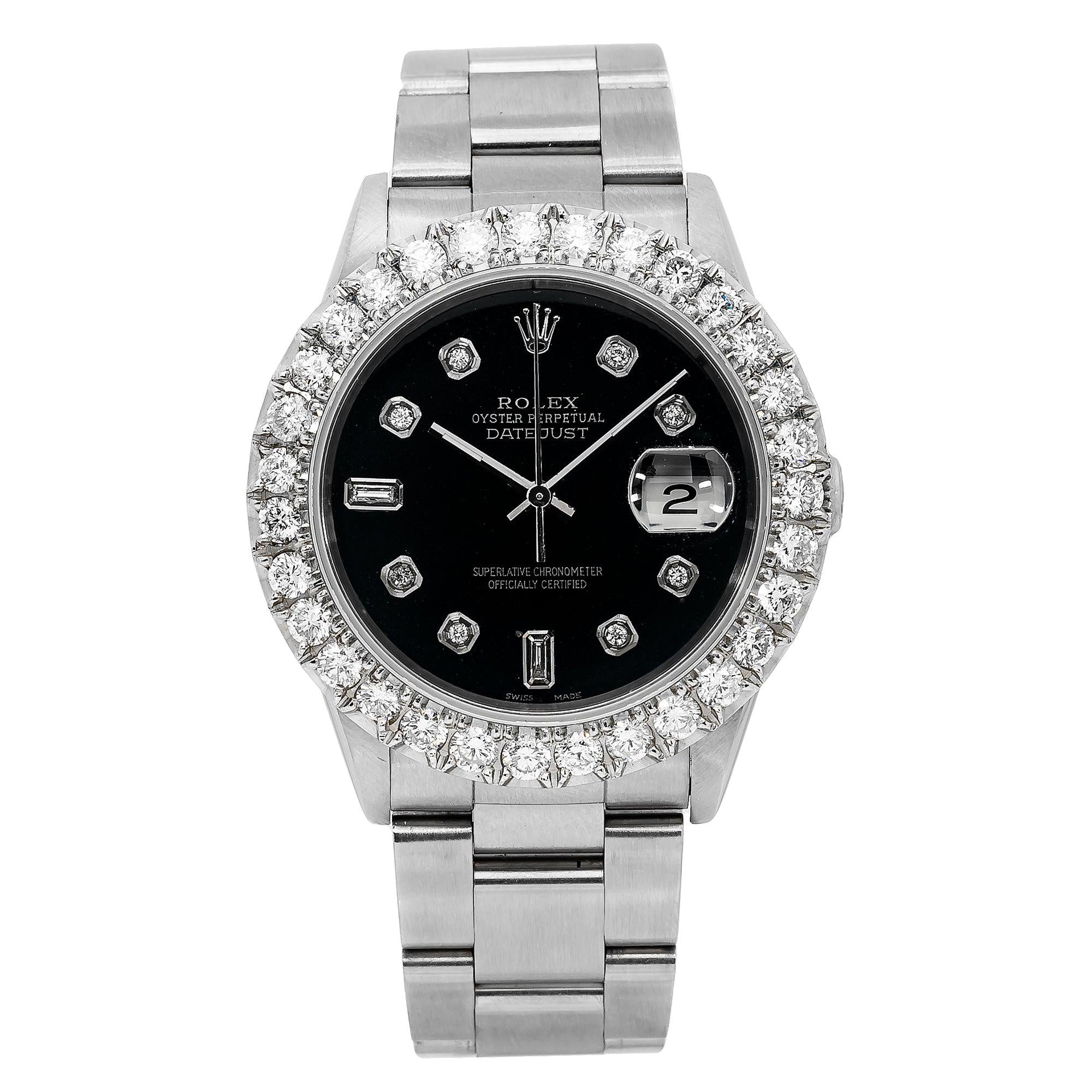 Rolex Datejust 36MM 16200 Black Diamond Dial Diamond Bezel Stainless Steel Oyster Bracelet 4ct