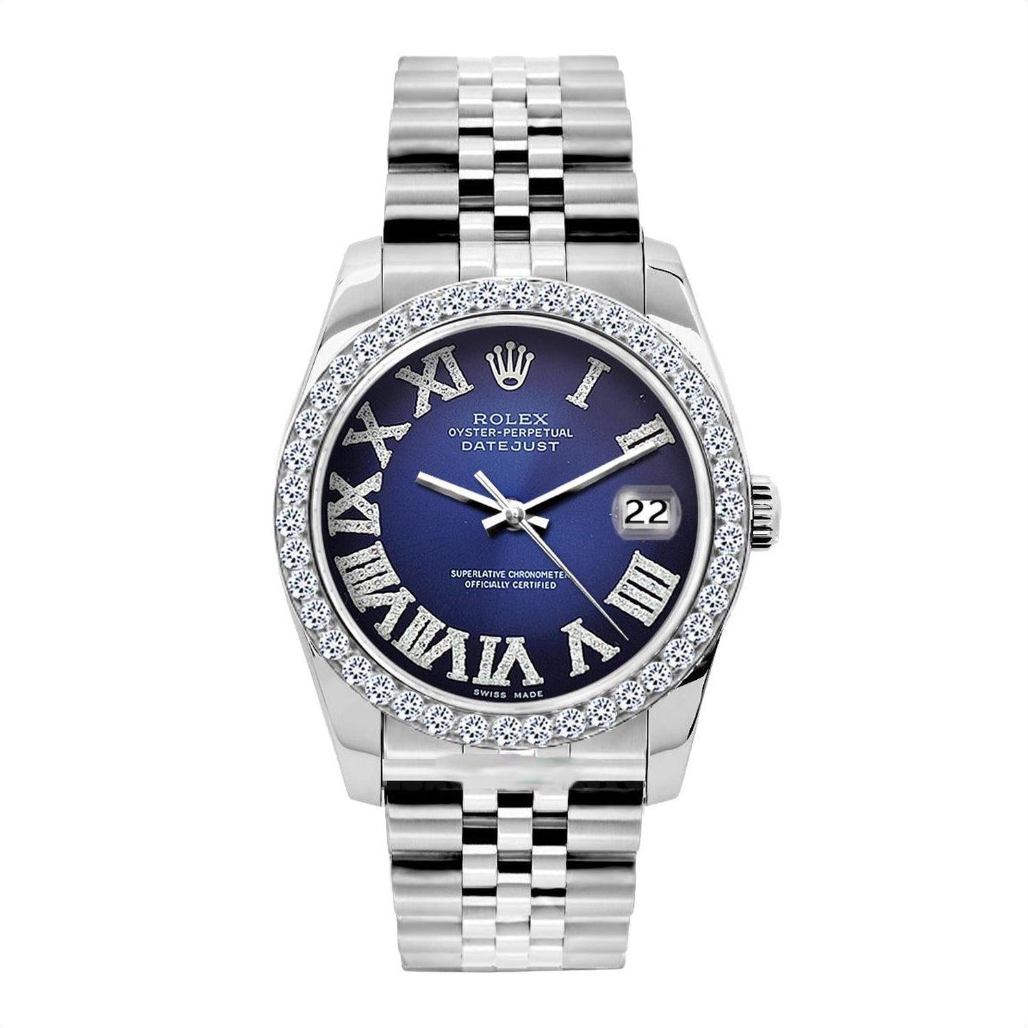 Rolex Datejust 36MM 16200 Blue Roman Diamond Dial Diamond Bezel Stainless Steel Jubilee Bracelet 1.2ct