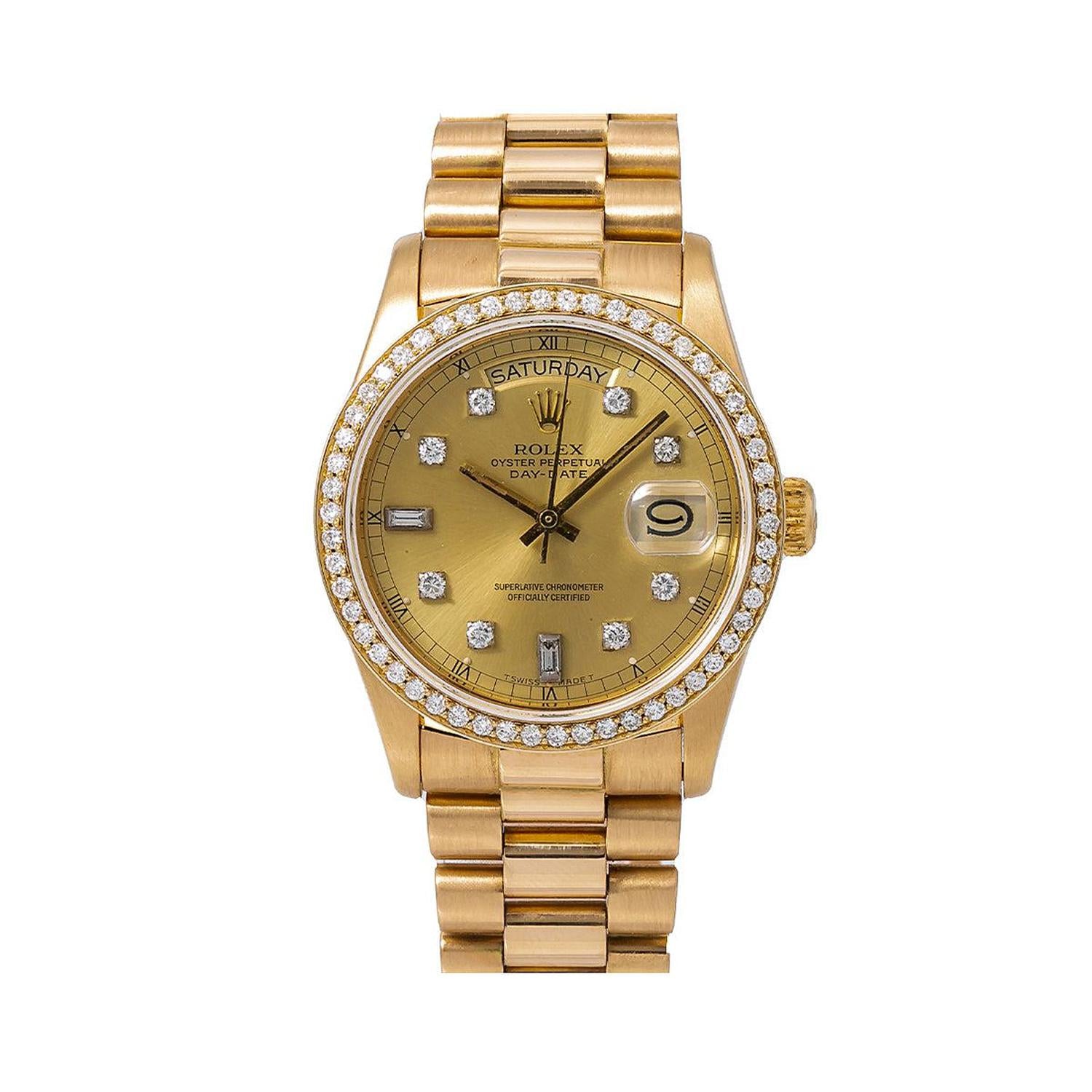 Rolex Day-Date 36MM 18038 Champagne Diamond Dial Diamond Bezel 18K Yellow Gold President Bracelet 1.2ct